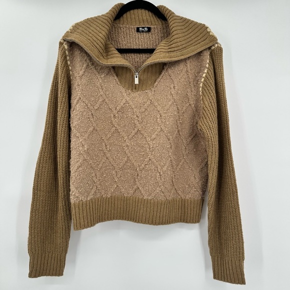 Miss Me Sweaters - Miss Me 1/4‎ Zip Pullover Textured Cable Knit Brown Tan Sweater Size Small